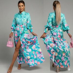 Vestido Largo Turquesa Abotonado con Cinturón