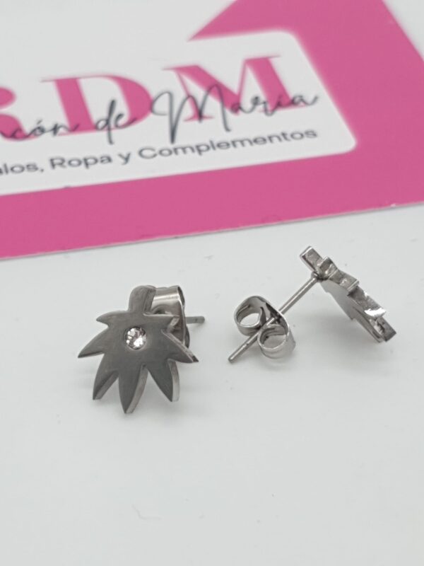 Pendientes Acero Plateado, Hoja y Strass