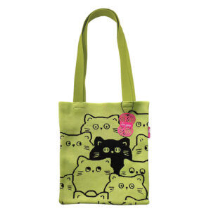 Bolsa Tote de Punto "Gatos Felices" – Bolso de Hombro Tejido Estilo Jersey (Verde Lima)