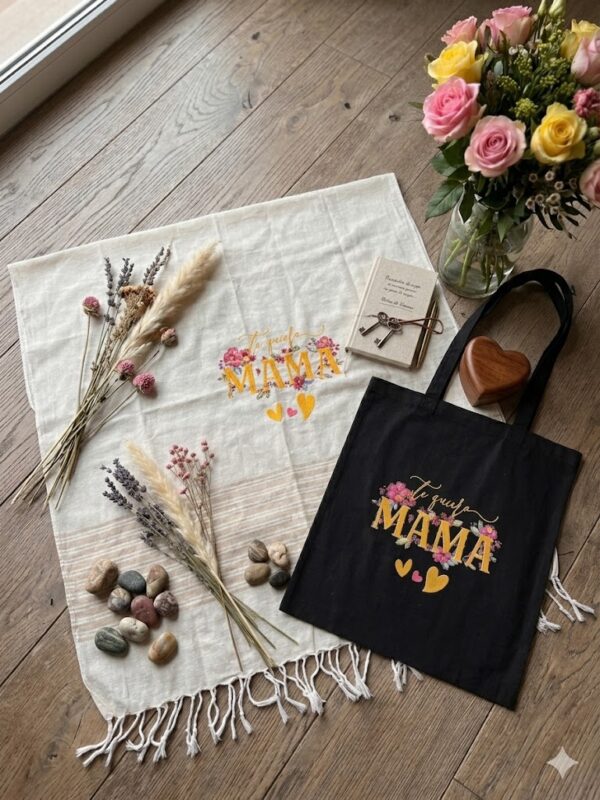 Pack Regalo Te Quiero Mamá Bolsa Tote Negra y Foulard de Algodón con Flecos Pack Regalo Te Quiero Mamá Bolsa Tote y Foulard