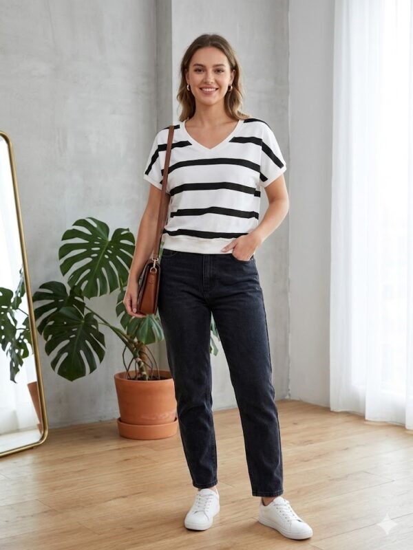 Camiseta de Algodón a Rayas Negro – Estilo Navy Moderno Camiseta de Algodón a Rayas Negro – Estilo Navy Moderno