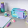 Estuche portatodo 4 cremalleras con solapa Sunset, turquesa