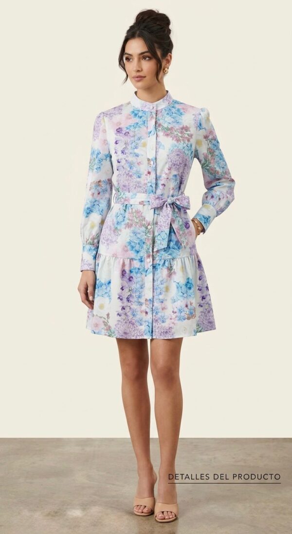 Vestido Camisero Lavender Bloom – Estampado Floral Azul y Lila con Cinturón Vestido Camisero Lavender Bloom