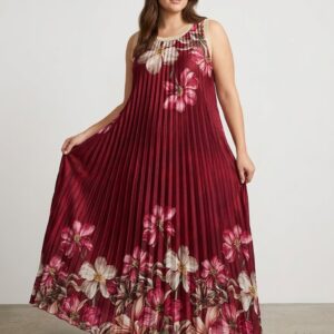 Vestido Largo Plisado Flores Silvestres con Cuello Lurex