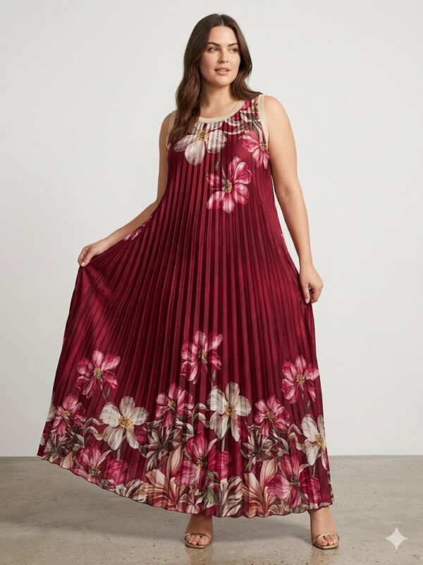 Vestido Largo Plisado Flores Silvestres con Cuello Lurex