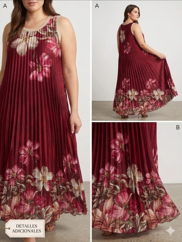 Vestido Largo Plisado Flores Silvestres con Cuello Lurex