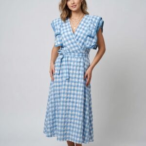 Vestido Largo Vichy Azul - Talla Única con Volantes y Cintura Ajustable Vestido Largo Vichy Azul - Volantes