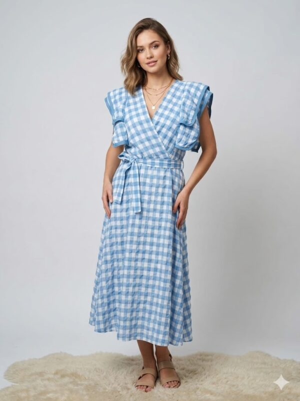 Vestido Largo Vichy Azul - Volantes