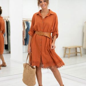 Vestido Túnica de Algodón con Bajo de Encaje – Color Teja