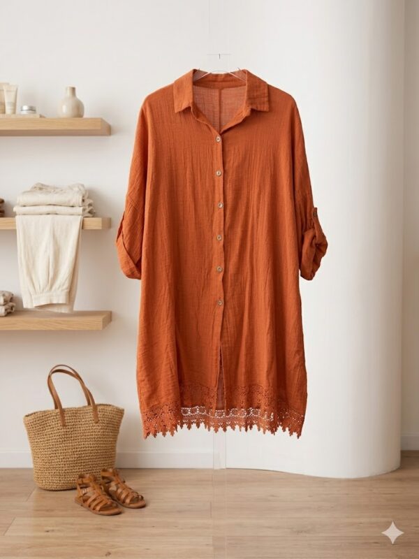 Vestido Túnica de Algodón con Bajo de Encaje – Color Teja1 Vestido Túnica de Algodón con Bajo de Encaje – Color Teja