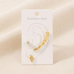 Set de Pendientes de Acero Inoxidable Dorado – Ear Cuff de Hojas, Mini Pendiente y Circonita