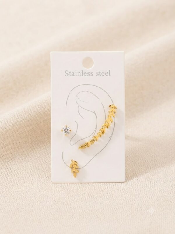 pendientes-hoja-trepadores Set de Pendientes de Acero Inoxidable Dorado – Ear Cuff de Hojas, Mini Pendiente y Circonita