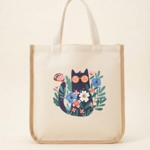 Bolso Tote Bag de Tela y Yute "Gato con Flores" – Diseño Exclusivo y Asas Largas