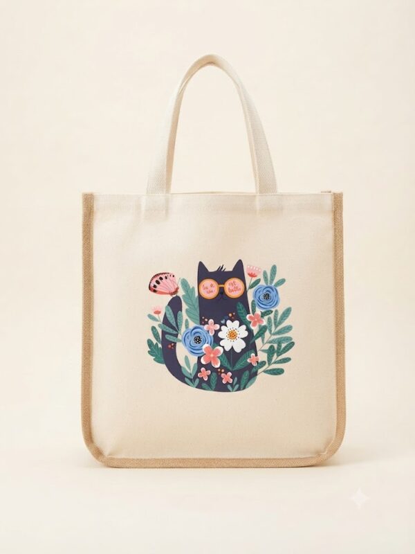 Bolso Tote Bag de Tela y Yute "Gato con Flores" – Diseño Exclusivo y Asas Largas